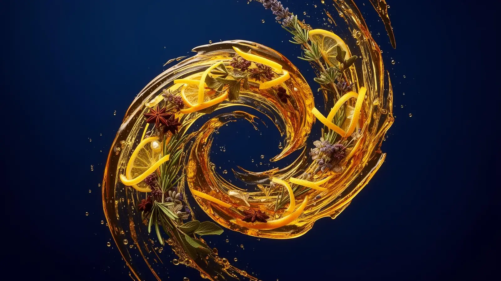 Golden flavour swirl with botanical essences and citrus on deep navy background