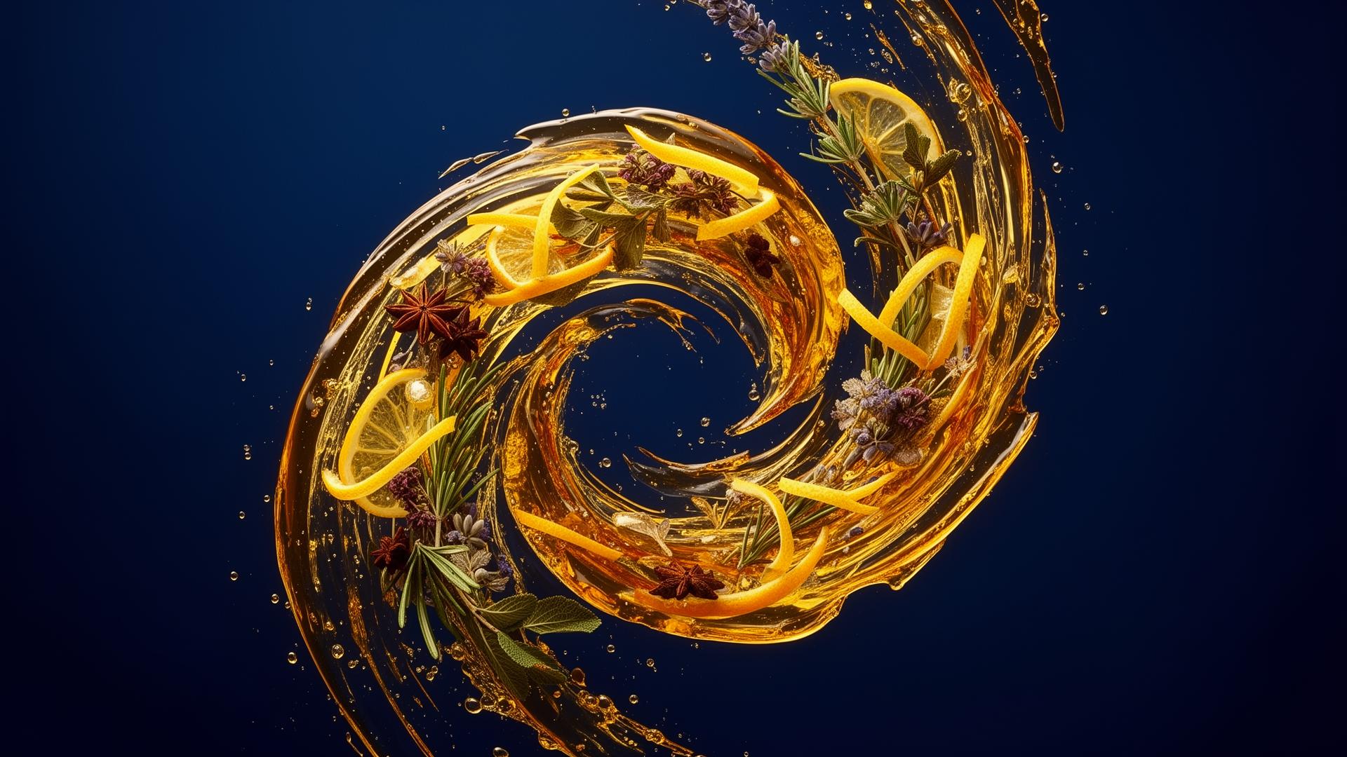 Golden flavour swirl with botanical essences and citrus on deep navy background
