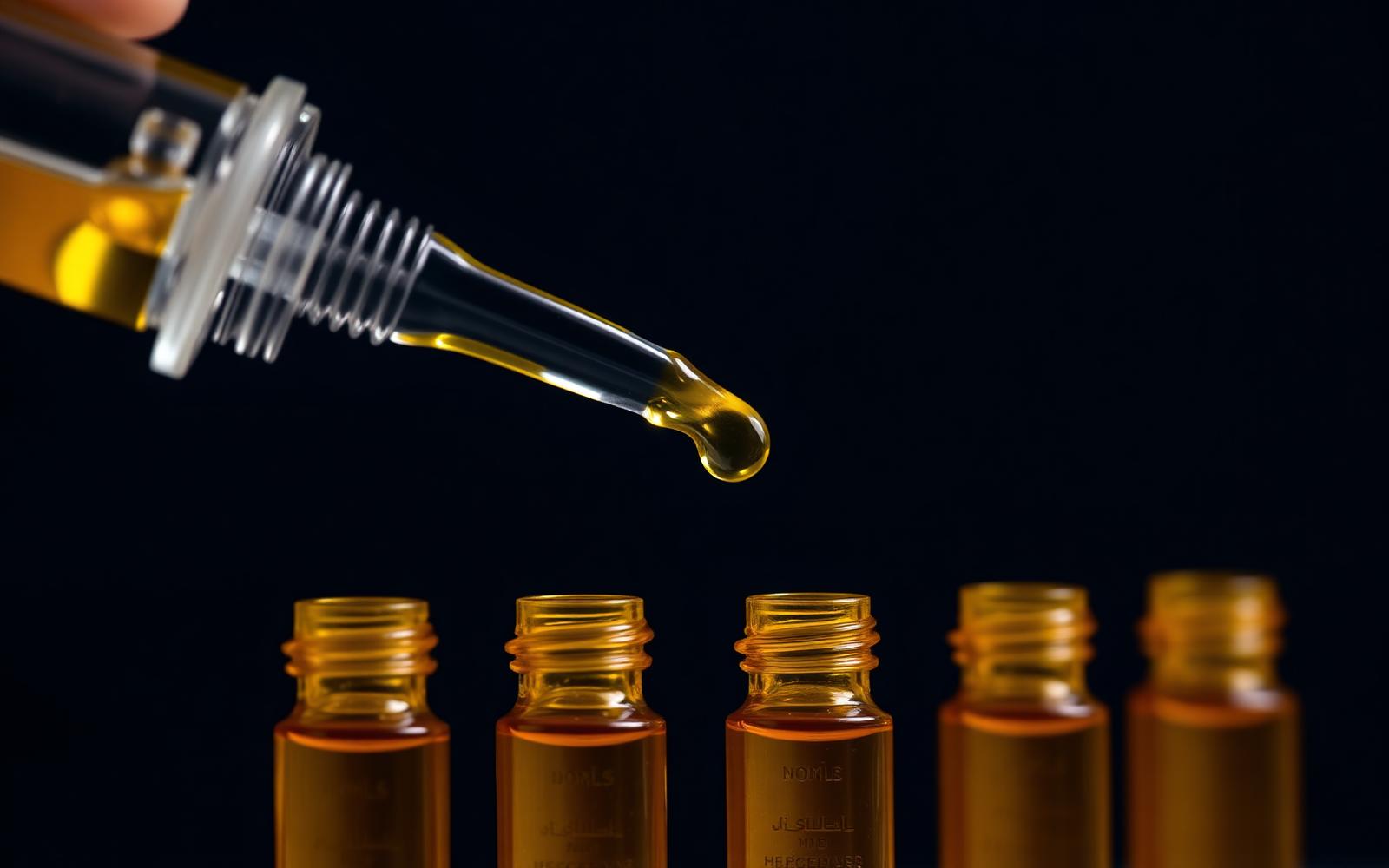 Amber flavour droplet over laboratory vials